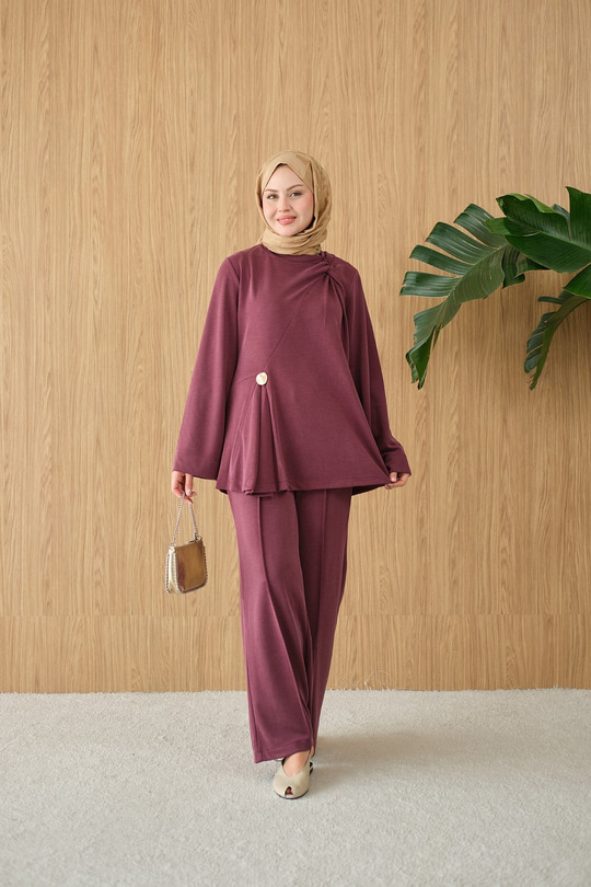 Yaka Bağlama Detay Tokalı Bisiklet Yaka Takım Mürdüm