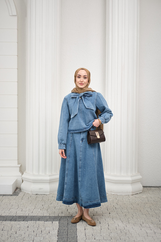 Yaka Bağlamalı Balon Kol Etekli Takım Açık Mavi