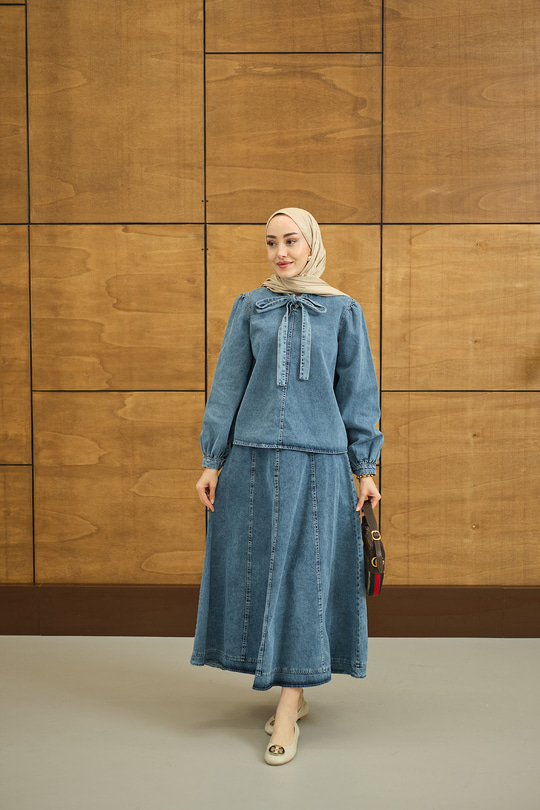 Yaka Bağlamalı Etekli Kot Takım Buz Mavi