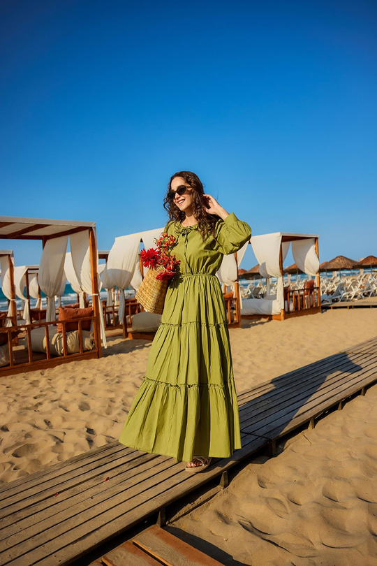 Yaka Bağlamalı Viyana Elbise Haki Yeşil