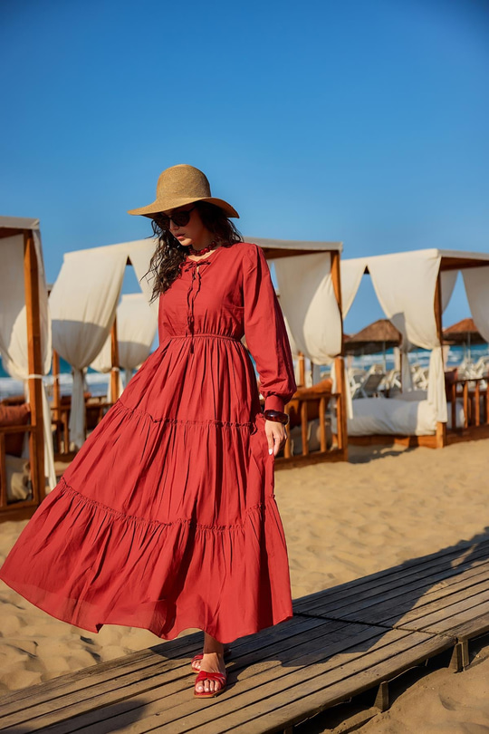 Yaka Bağlamalı Viyana Elbise Kiremit