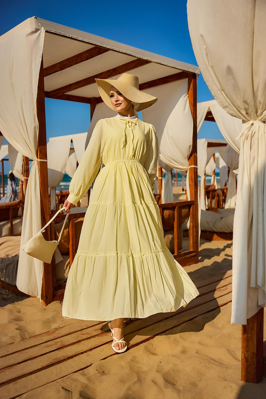 Yaka Bağlamalı Viyana Elbise Sarı