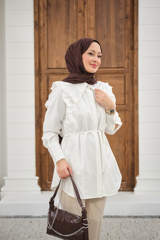 Yaka Büzgülü Bel Bağlamalı Poplin Gömlek Beyaz