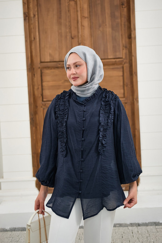 Yaka Büzgülü Gömlek Lacivert