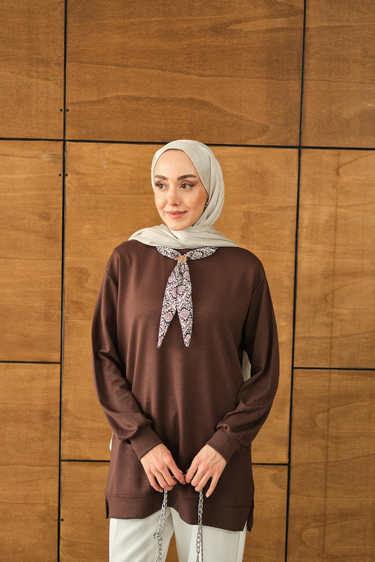 Yaka Fularlı Tunik Kahverengi