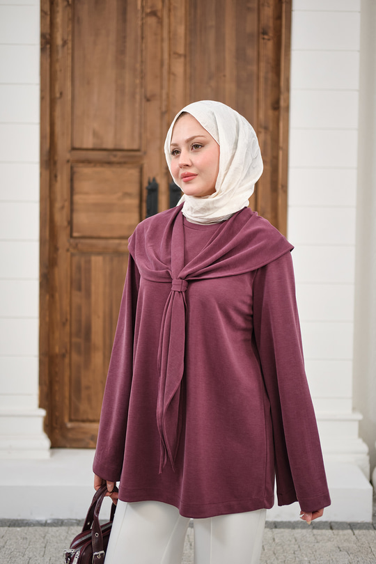 Yaka Pelerin Bağlamalı Bisiklet Yaka Tunik Mürdüm