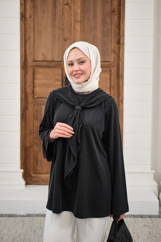 Yaka Pelerin Bağlamalı Bisiklet Yaka Tunik Siyah