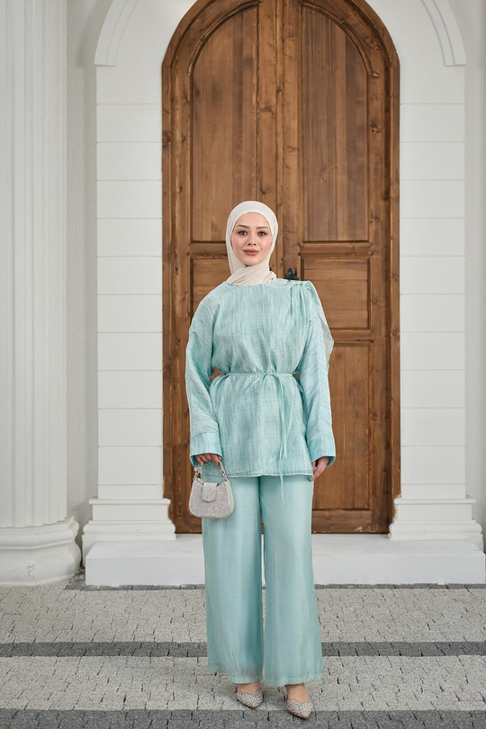 Yaka Şal Detay Bel Bağlamalı Takım Turkuaz