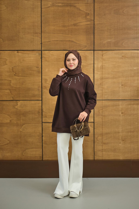 Yaka Taş Detay Tunik Kahverengi