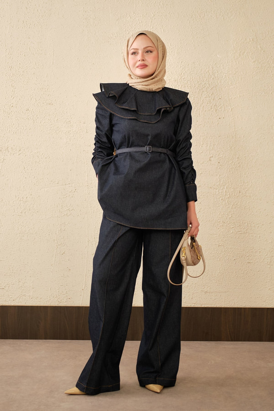 Yaka Ve Kol Büzgülü Kemer Bağlamalı Kot Takım Lacivert
