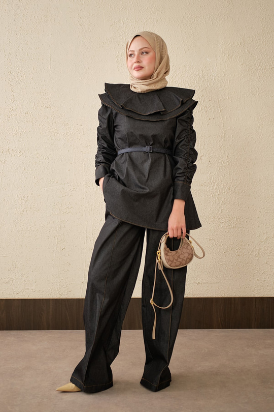 Yaka Ve Kol Büzgülü Kemer Bağlamalı Kot Takım Siyah