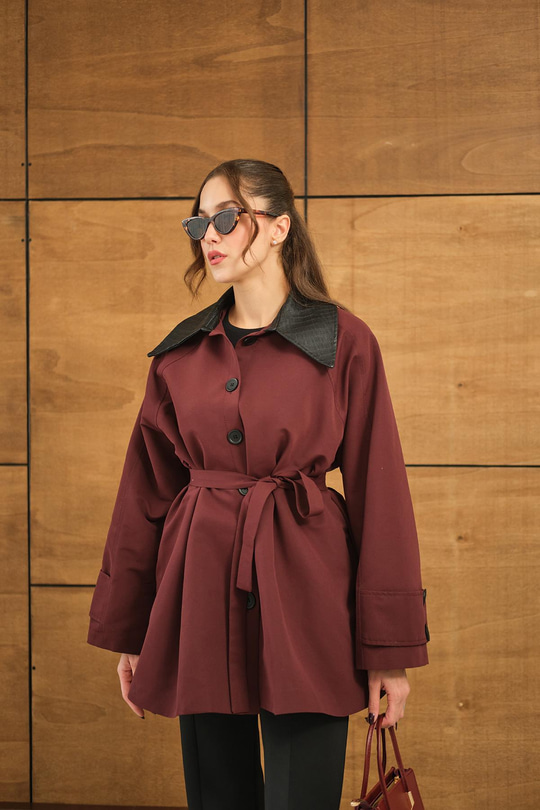 Yakası Deri Trenç Bordo
