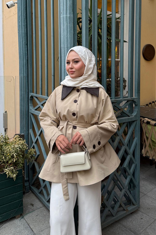 Yakası Deri Trenç Vizon