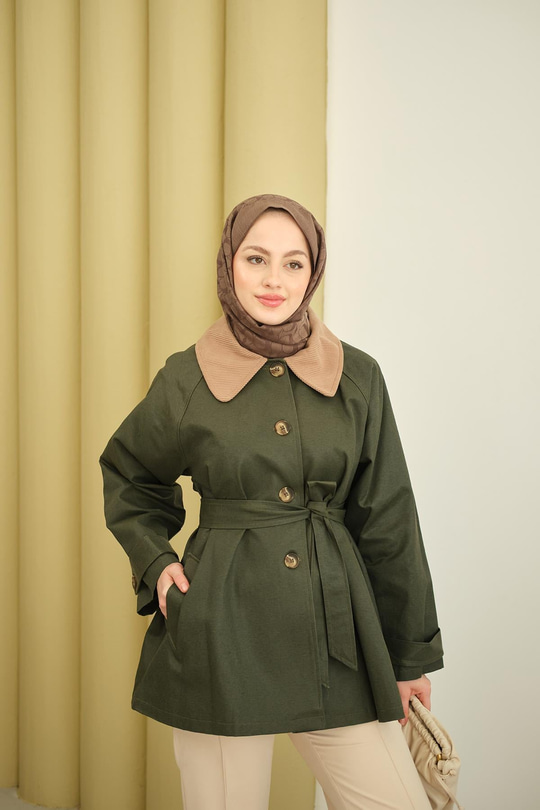 Yakası Kadife Trenç Zümrüt Yeşil