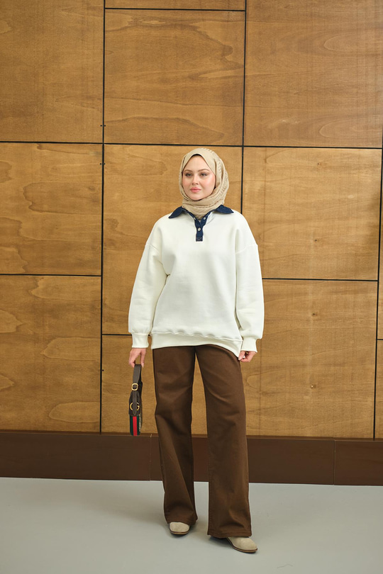 Yakası Kot Detay Sweat Beyaz
