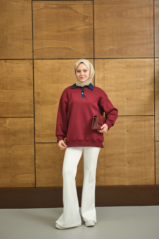 Yakası Kot Detay Sweat Bordo