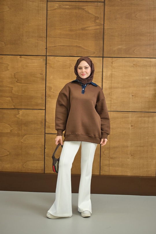 Yakası Kot Detay Sweat Kahverengi