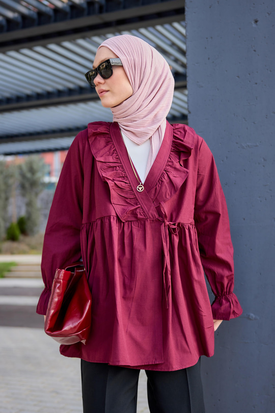 Yan Bağlama Ve Fırfır Detaylı Gömlek Bordo