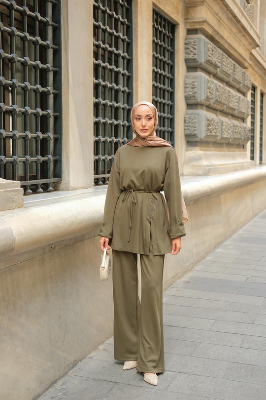 Yan Düğme Detay Takım Koyu Yeşil