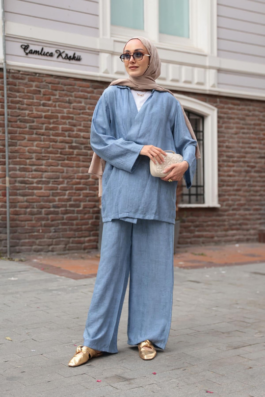 Yan Düğme Detaylı Takım Mavi