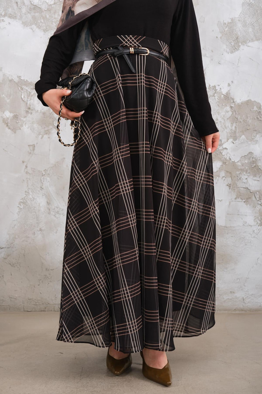 Yan Fermuarlı Kare Desen Şifon Etek Siyah