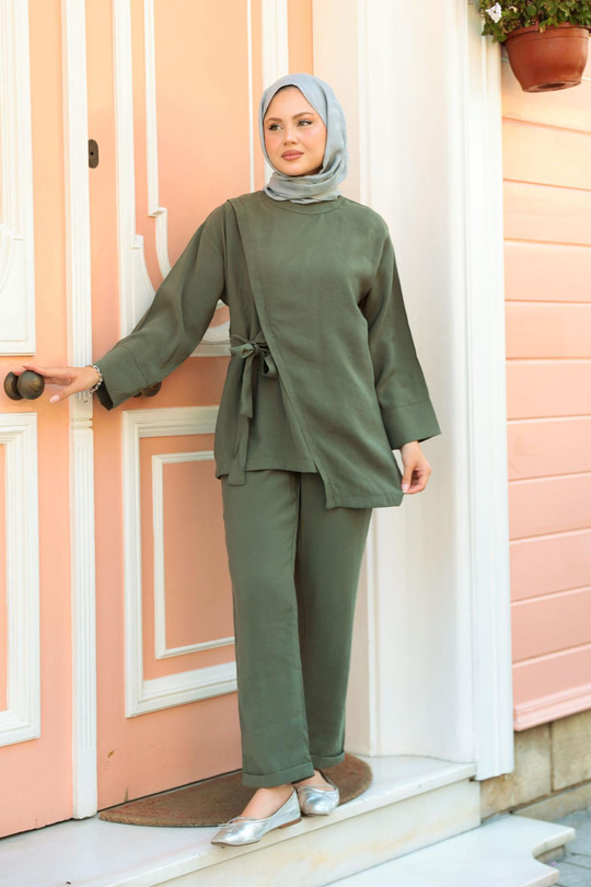 Yandan Bağlamalı Armani Modal Takım Haki Yeşil