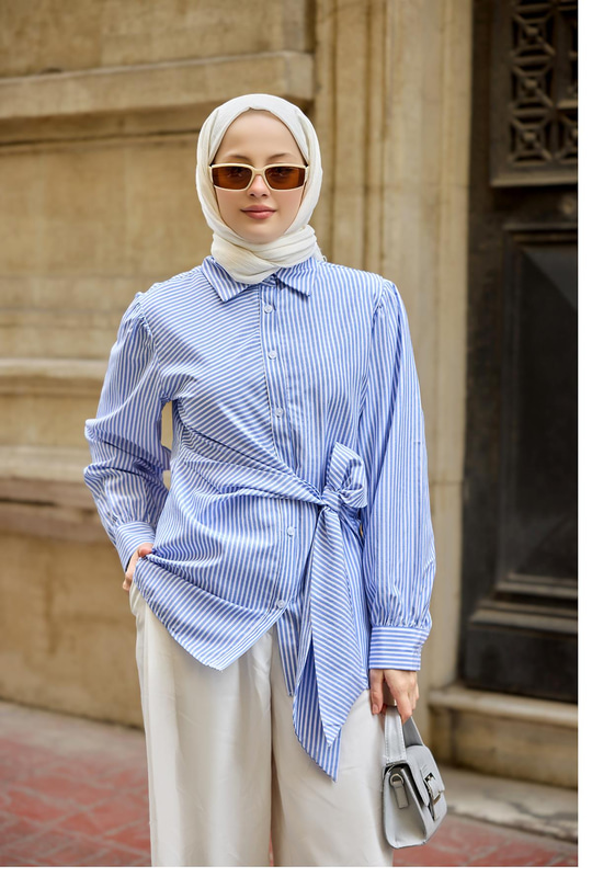 Yandan Bağlamalı Çizgili Gömlek Mavi