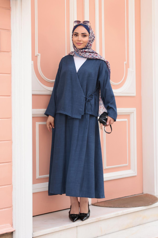 Yandan Bağlamalı Etekli Takım Lacivert