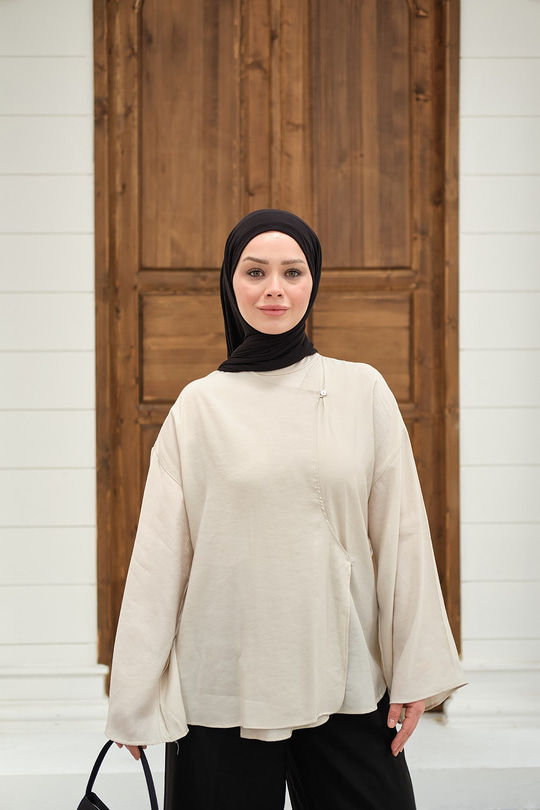 Yandan Düğmeli İçten Bağlama Detay Kimono Krem