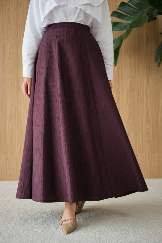 Yandan Fermuarlı Kendinden Desen Etek Mürdüm