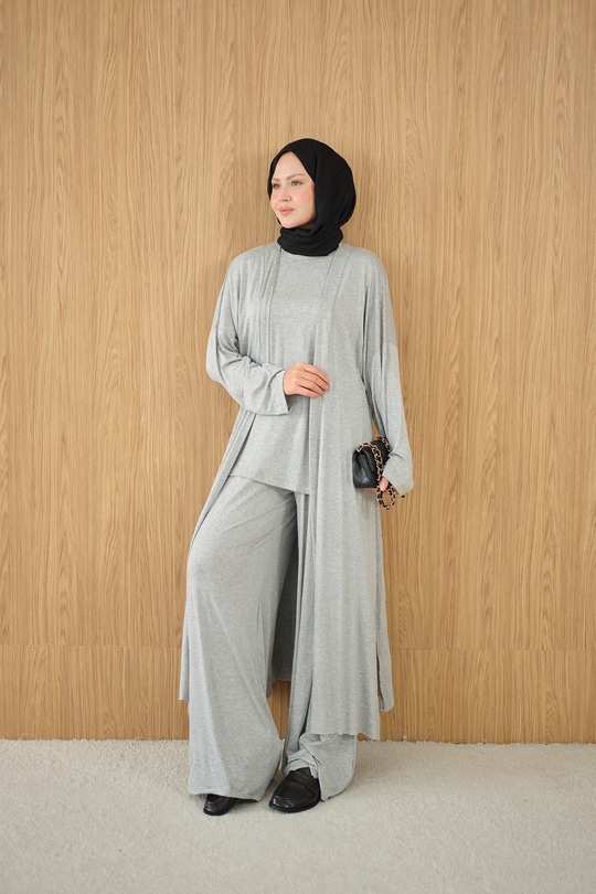 Yandan Yırtmaçlı Sıfır Kol 3'lü Takım Gri