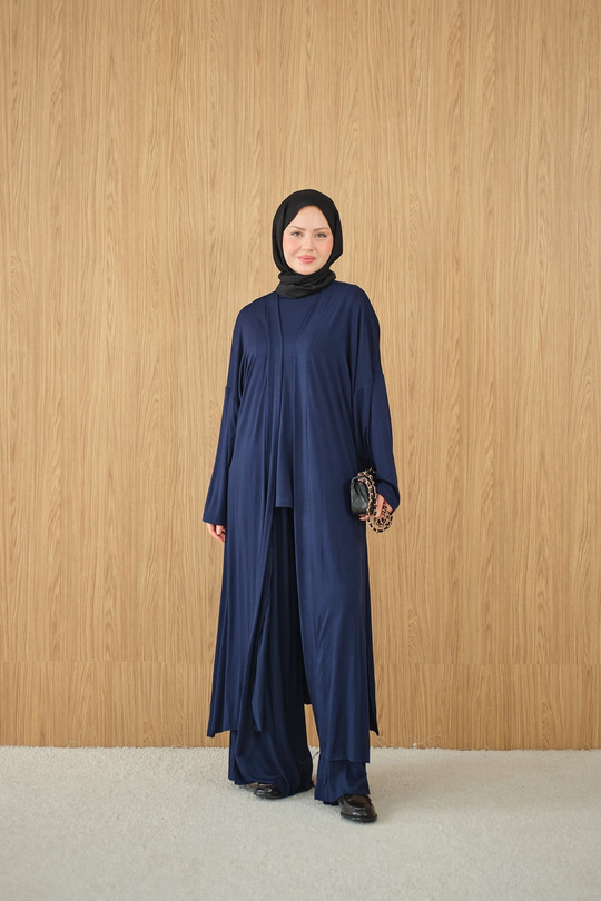 Yandan Yırtmaçlı Sıfır Kol 3'lü Takım Lacivert