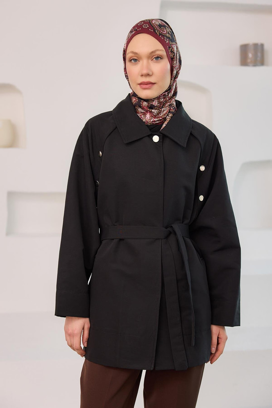 Yanları Açılabilir Çıt Çıt Detaylı Kısa Trenç Siyah