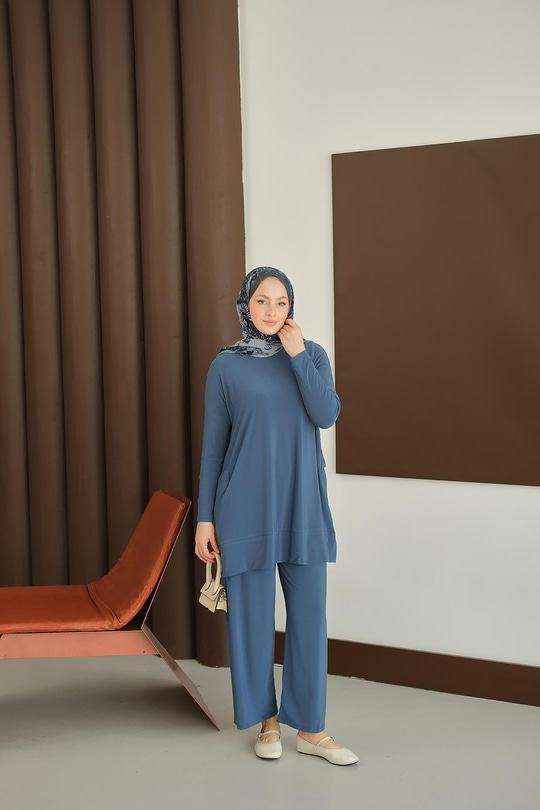 Yanları Cepli Takım İndigo Mavi