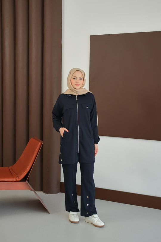 Yanları Çıtçıt Detay Fermuarlı Takım Lacivert