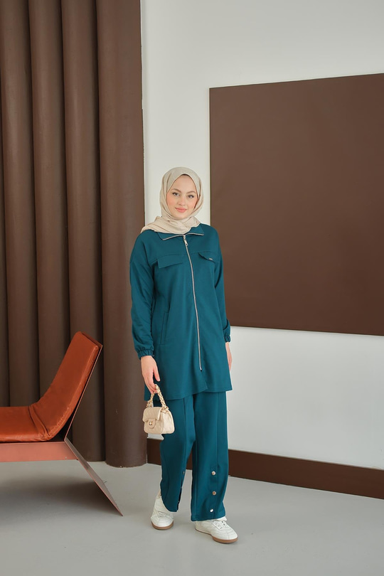 Yanları Çıtçıt Detay Fermuarlı Takım Petrol Mavi