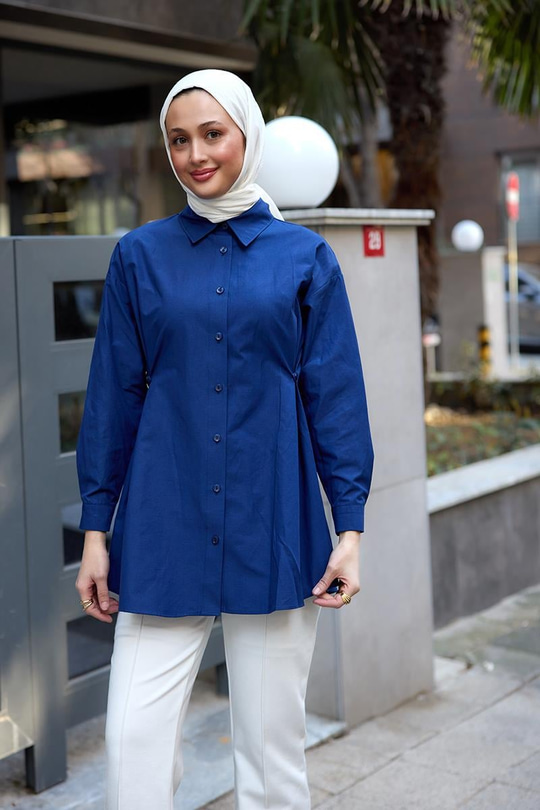 Yanları Düğme Detaylı Gömlek Lacivert