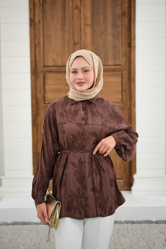 Yaprak Desen Bel Bağlamalı Gömlek Kahverengi