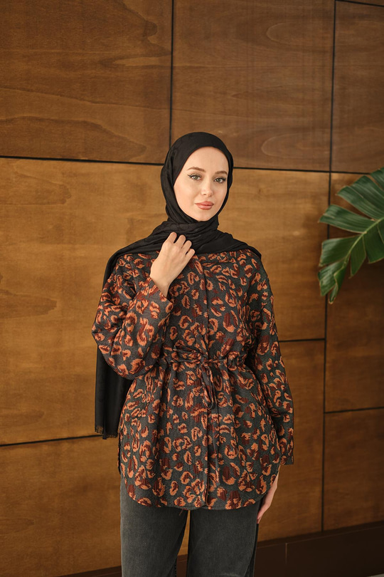 Yaprak Desen Beli Lastikli Ceket Kahverengi