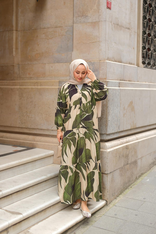 Yaprak Desen Elbise Haki Yeşil