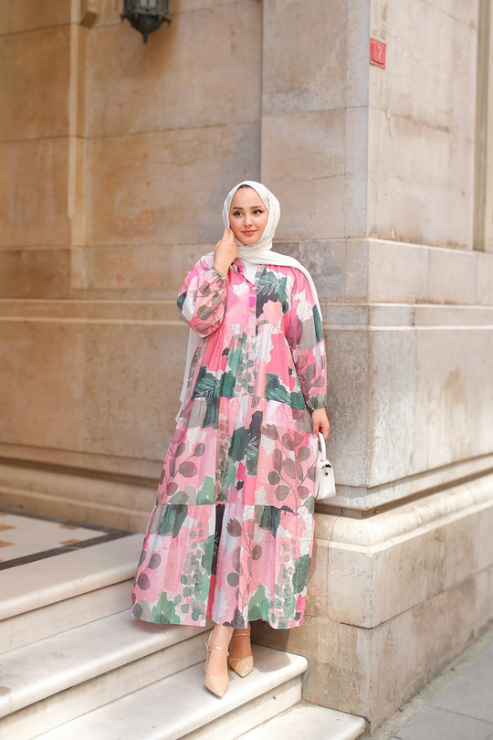 Yaprak Desen Elbise Pembe