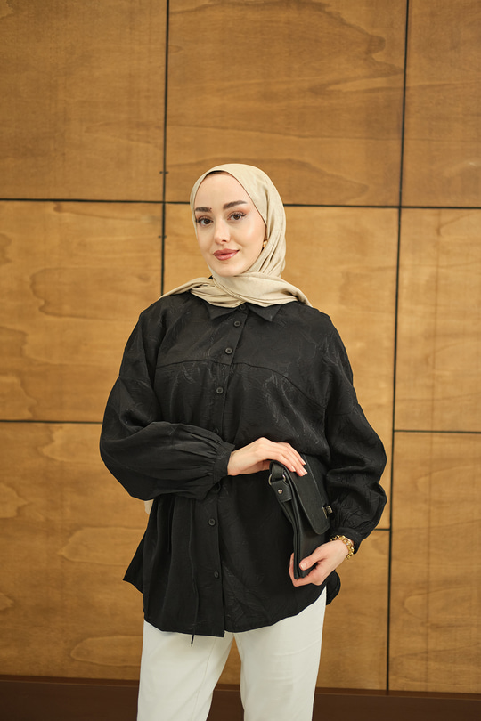 Yaprak Desen Jakar Gömlek Siyah