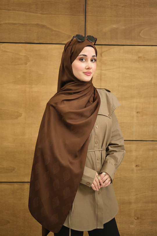 Yaprak Desen Jakar Şal Kahverengi