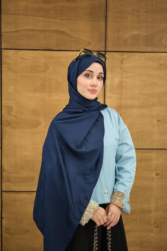 Yaprak Desen Jakar Şal Lacivert