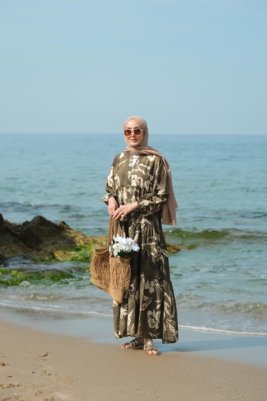 Yaprak Desenli Elbise Yeşil