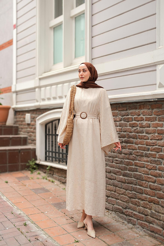 Yarasa Kol Bel Bağlamalı Elbise Bej