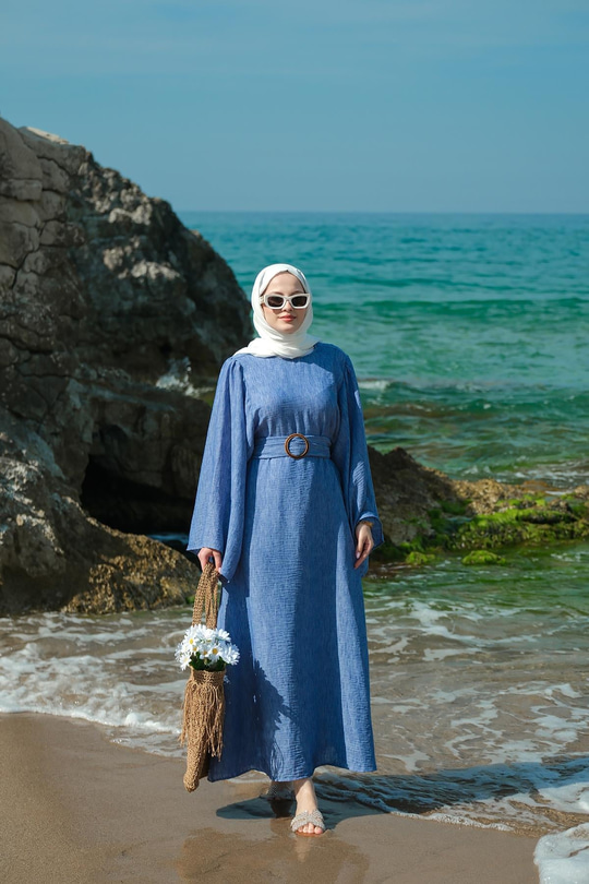 Yarasa Kol Bel Bağlamalı Elbise Mavi