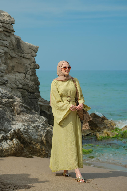 Yarasa Kol Bel Bağlamalı Elbise Yağ Yeşil