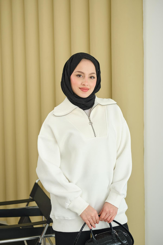 Yarım Fermuarlı Sweat Ekru