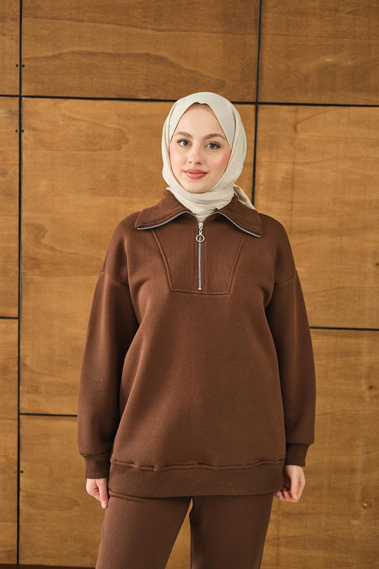 Yarım Fermuarlı Sweat Kahverengi